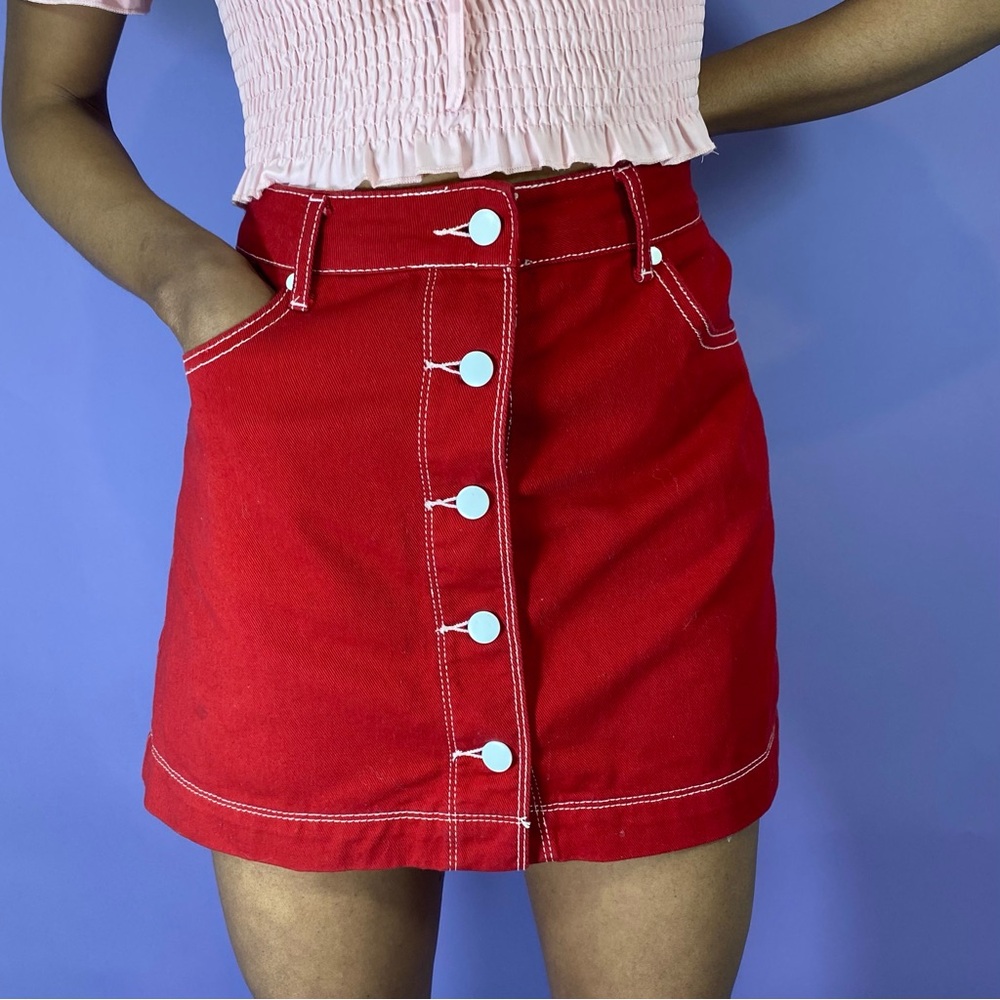 Red Button-Front Jean Skirt